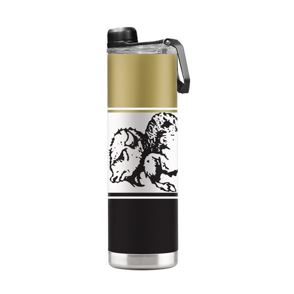 Tall stainless steel CU Boulder water bottle with gold, white, and black color block design featuring two buffalo graphics, leak-resistant lid with carry handle.